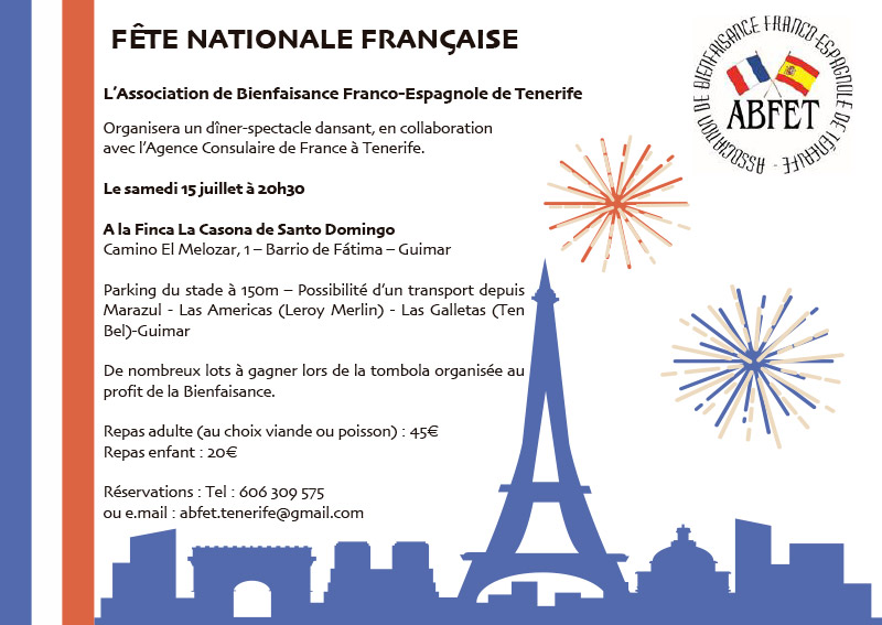 Fête nationale française : dîner-spectacle le samedi 15 juillet à 20h30 à la Finca La Casona  Santo Domingo, à Güimar